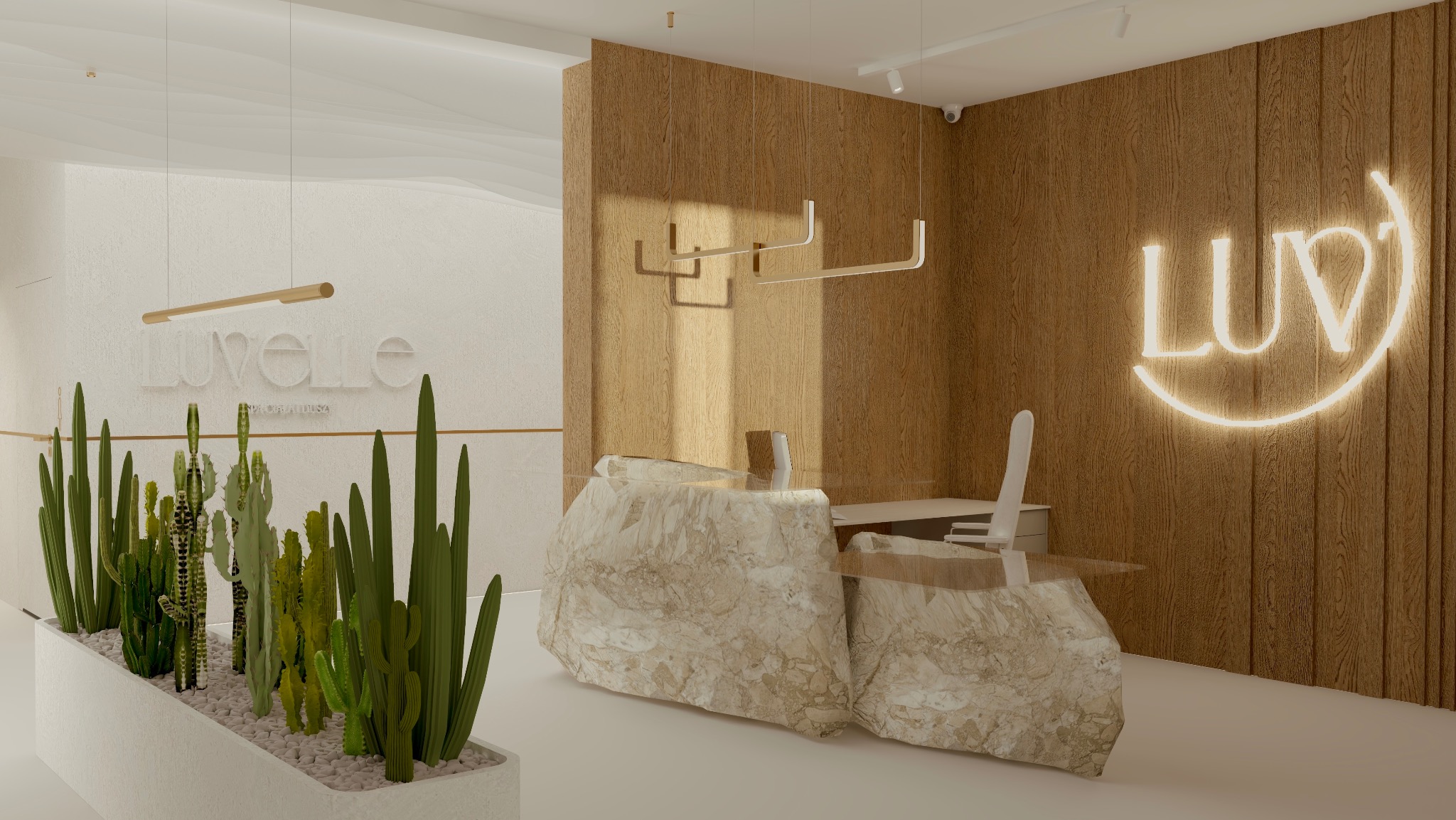 Koncepcyjna wizualizacja recepcji kliniki kosmetycznej: kamienna lada, drewniane panele z neonowym logo, kaktusy w donicy. Nowoczesny design z naturalnymi elementami.