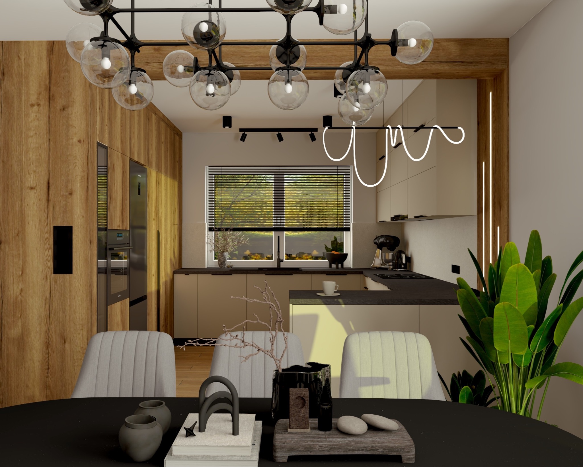 Wnętrze kuchni w ciepłych barwach z drewnianymi akcentami. Nad stołem designerska lampa. Widoczne elementy dekoracyjne i roślina doniczkowa. Nowoczesny projekt kuchni.