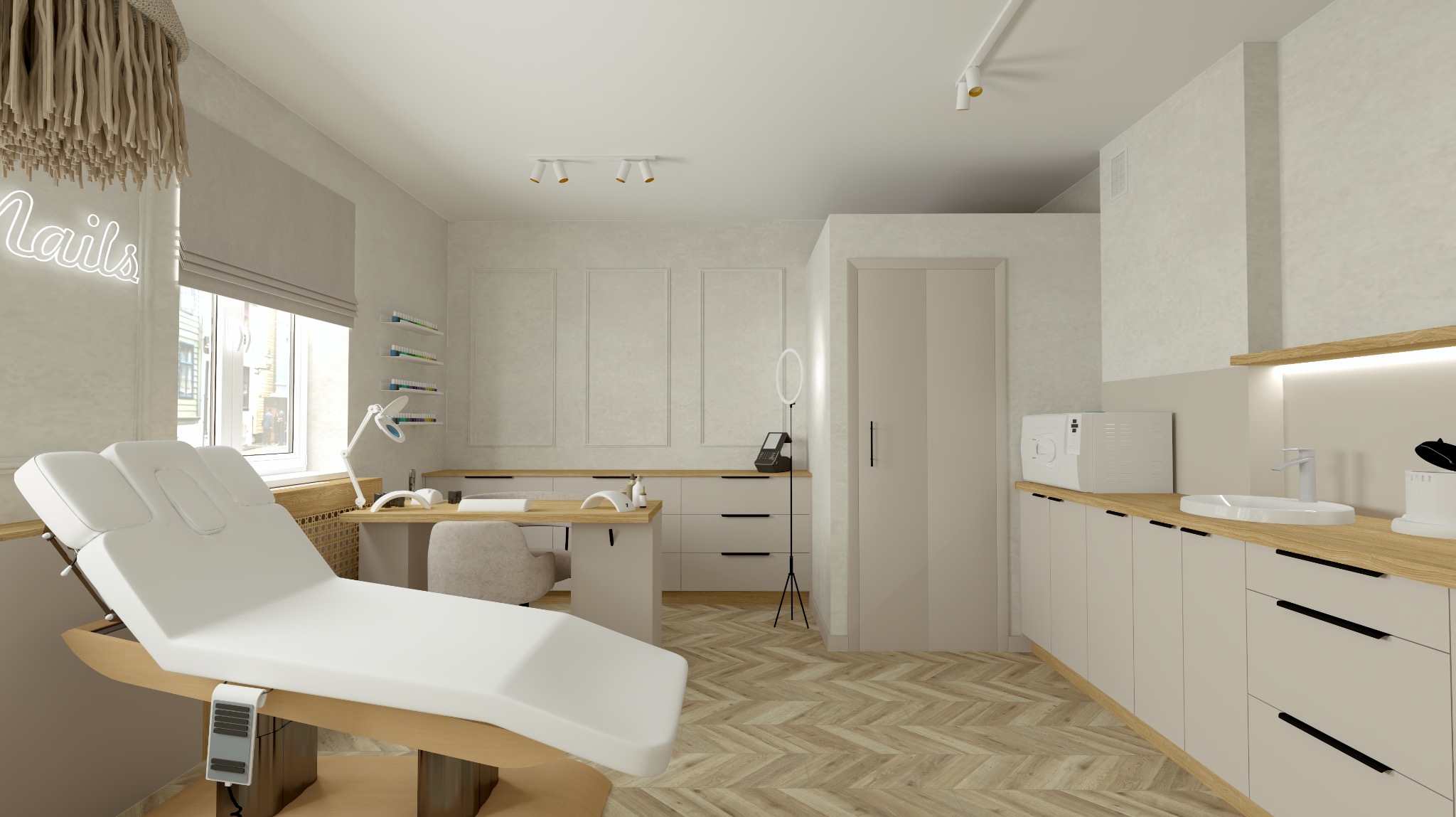 Wnętrze gabinetu kosmetycznego: białe meble, fotel do zabiegów, neon 'Nails', drewniana podłoga w jodełkę, oświetlenie punktowe. Minimalistyczny design.