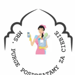 Grafika: Uśmiechnięta pani w fartuchu z wiadrem i środkami czystości. Napis 'Mrs. Purge Posprzątamy za Ciebie' okala postać. Ilustracja logo firmy sprzątającej.