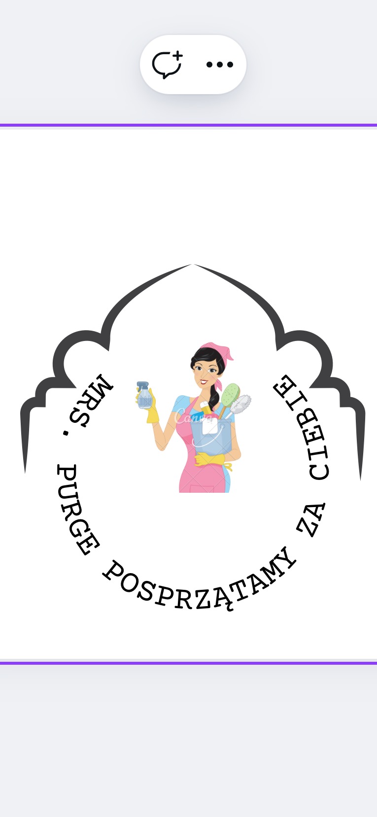 Grafika: Uśmiechnięta pani w fartuchu z wiadrem i środkami czystości. Napis 'Mrs. Purge Posprzątamy za Ciebie' okala postać. Ilustracja logo firmy sprzątającej.