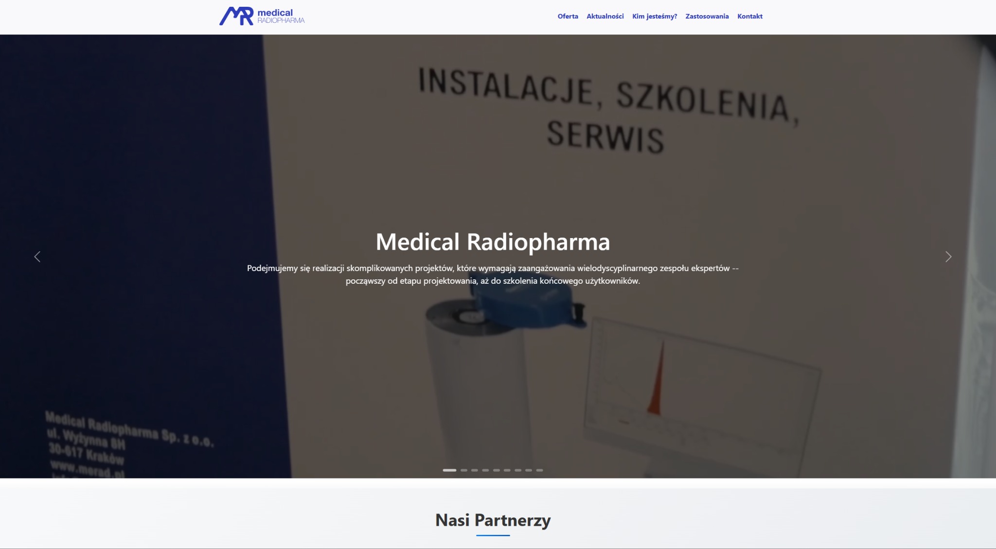 Strona internetowa Medical Radiopharma z instalacjami, szkoleniami i serwisem. Prezentacja oferty firmy z adresem w Krakowie i informacją o partnerach.