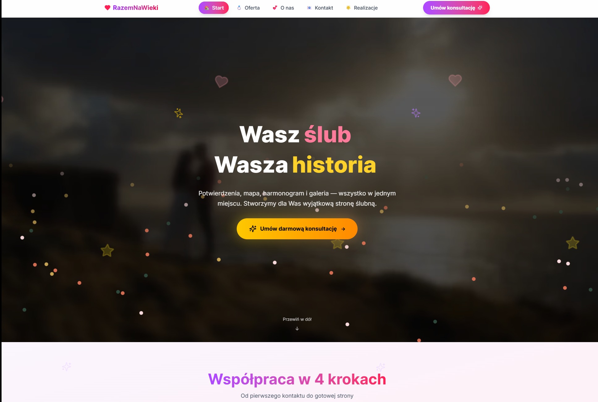 Strona internetowa razemnawieki.pl z motywem ślubnym, napisem 'Wasz ślub Wasza historia' i przyciskiem 'Umów darmową konsultację'. Romantyczna kolorystyka.