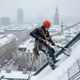 Pracownik w kasku i uprzęży odśnieża dach łopatą na tle zaśnieżonego miasta. Zabezpieczenie linami. Widok z góry, padający śnieg.
