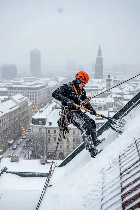 Pracownik w kasku i uprzęży odśnieża dach łopatą na tle zaśnieżonego miasta. Zabezpieczenie linami. Widok z góry, padający śnieg.