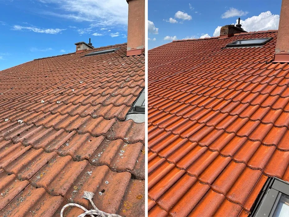 Porównanie dachu przed i po czyszczeniu: po lewej stronie dach pokryty mchem i zabrudzeniami, po prawej czysty, czerwony dach z dachówki ceramicznej. Widoczne okno dachowe.