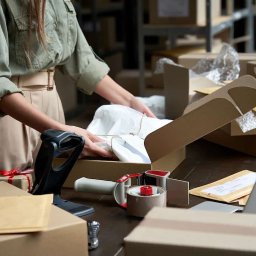 KASHICHIDOSHI SPÓŁKA Z OGRANICZONĄ ODPOWIEDZIALNOŚCIĄ - Kobieta pakuje zawinięty w papier prezent do kartonowego pudełka. Na stole skaner kodów, dyspenser taśmy, laptop i koperty. Magazyn z kartonami w tle.