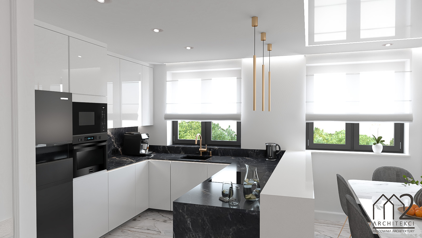 Nowoczesna kuchnia z białymi szafkami i czarnym blatem z marmuru, złote lampy wiszące, widok na okno z zielenią, marmurowa podłoga, minimalistyczny design.