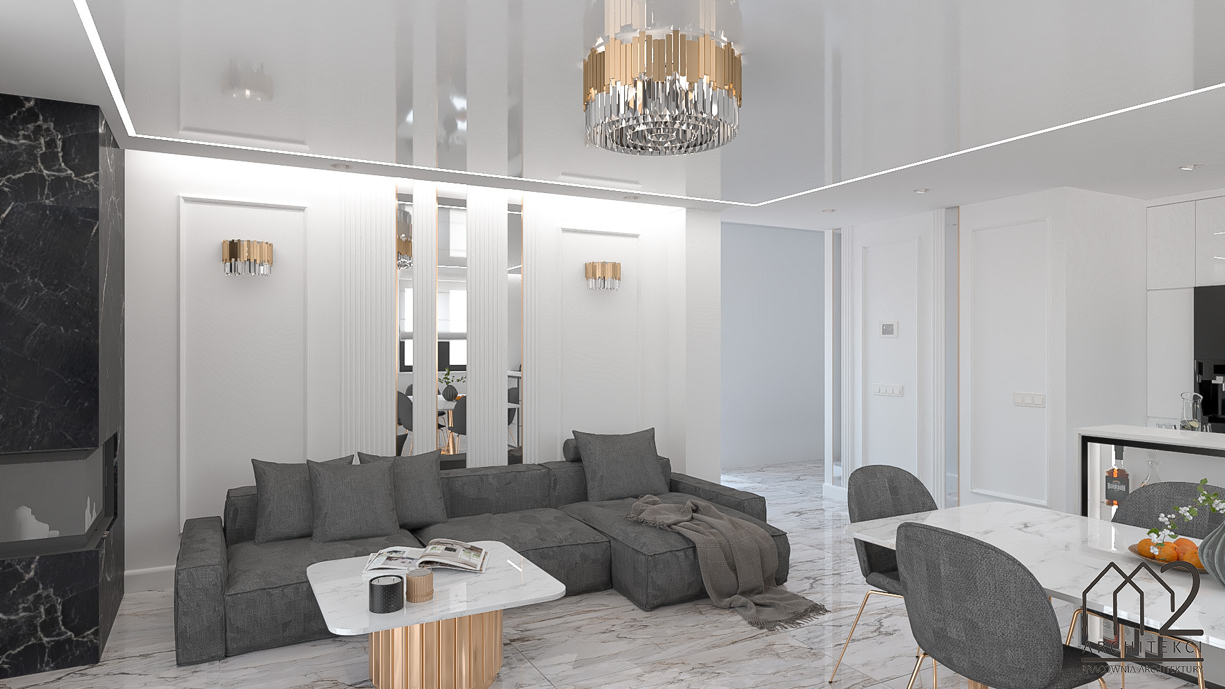 Nowoczesny salon z szarą sofą narożną, marmurową podłogą i ścianą z czarnego marmuru. Widoczny stół z krzesłami i lampa sufitowa. Całość w jasnej kolorystyce.