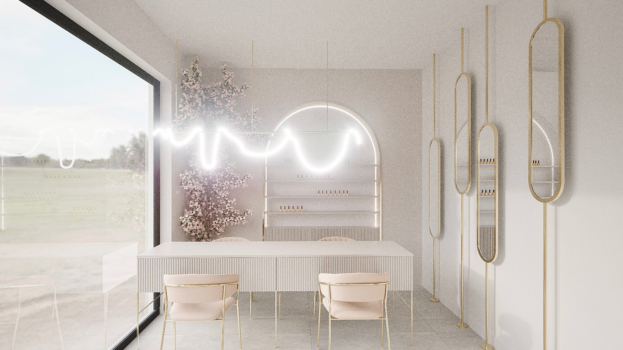 Wnętrze salonu kosmetycznego w jasnych barwach. Blat z krzesłami, neonowa dekoracja, półki z lakierami i duże okno z widokiem na zieleń.