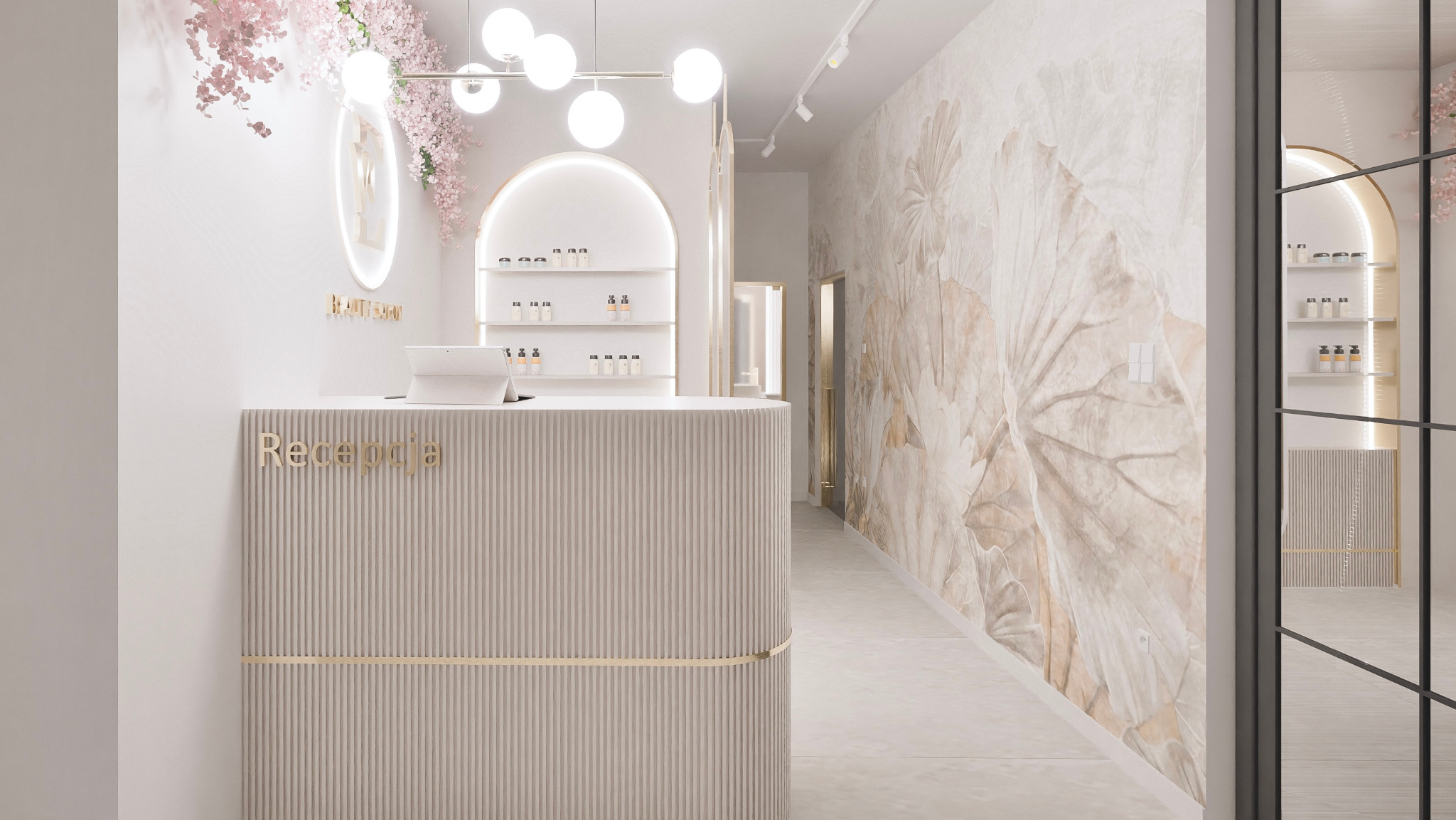 Projekt wnętrza salonu kosmetycznego: beżowa recepcja z napisem 'Recepcja', kwiatowe dekoracje, oświetlenie kuliste i tapeta z motywem liści.