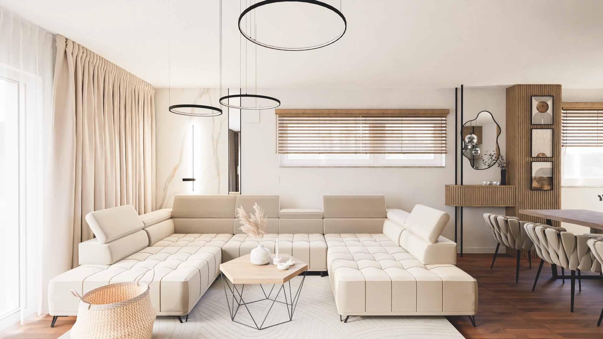 Jasny salon z narożnikiem, drewnianym stołem i krzesłami. Okrągłe lampy wiszące, drewniane żaluzje i dekoracje ścian dodają elegancji.