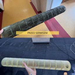 GALTO Bartosz Gałkowski - Zdjęcie typu 'przed i po' prezentuje zabrudzony i wyczyszczony walec wentylatora klimatyzacji. Górna część ukazuje go w stanie zabrudzonym, dolna - po serwisie.