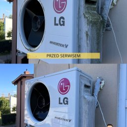 GALTO Bartosz Gałkowski - Klimatyzator LG Inverter V na ścianie budynku, ujęcie przed i po serwisie. Widoczne różnice w czystości obudowy i przewodów.