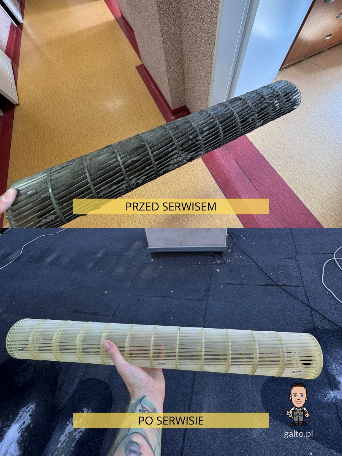 Zdjęcie typu 'przed i po' prezentuje zabrudzony i wyczyszczony walec wentylatora klimatyzacji. Górna część ukazuje go w stanie zabrudzonym, dolna - po serwisie.