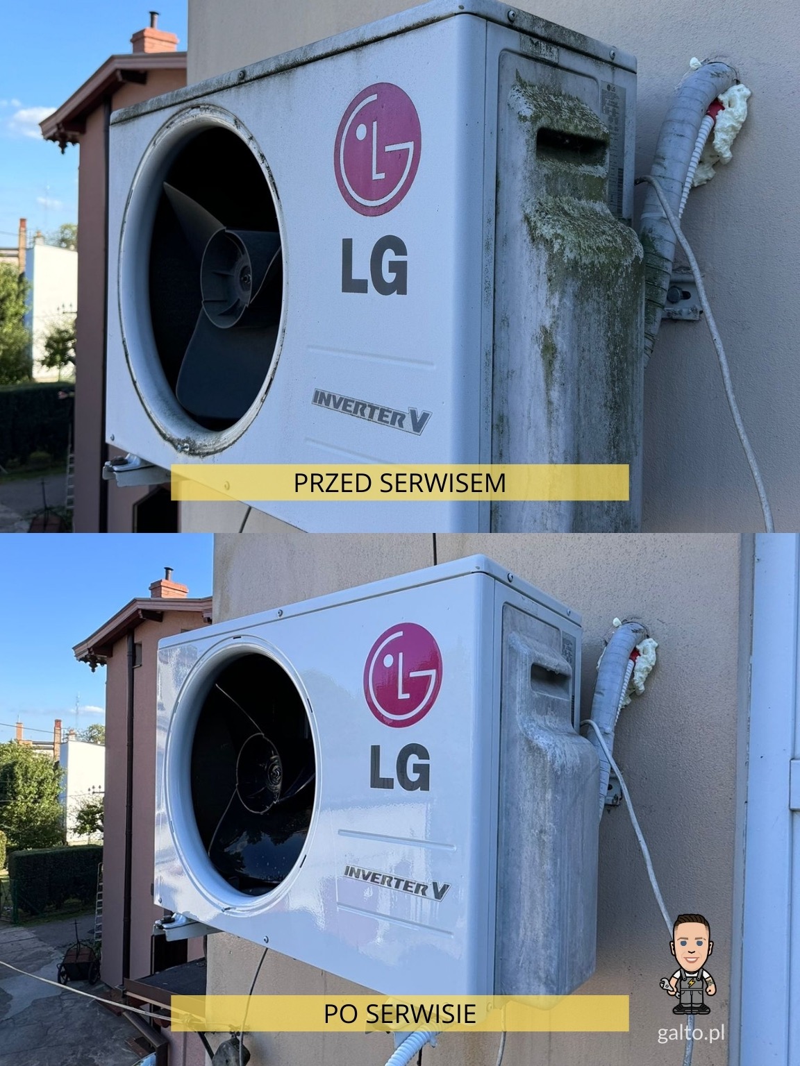 Klimatyzator LG Inverter V na ścianie budynku, ujęcie przed i po serwisie. Widoczne różnice w czystości obudowy i przewodów.