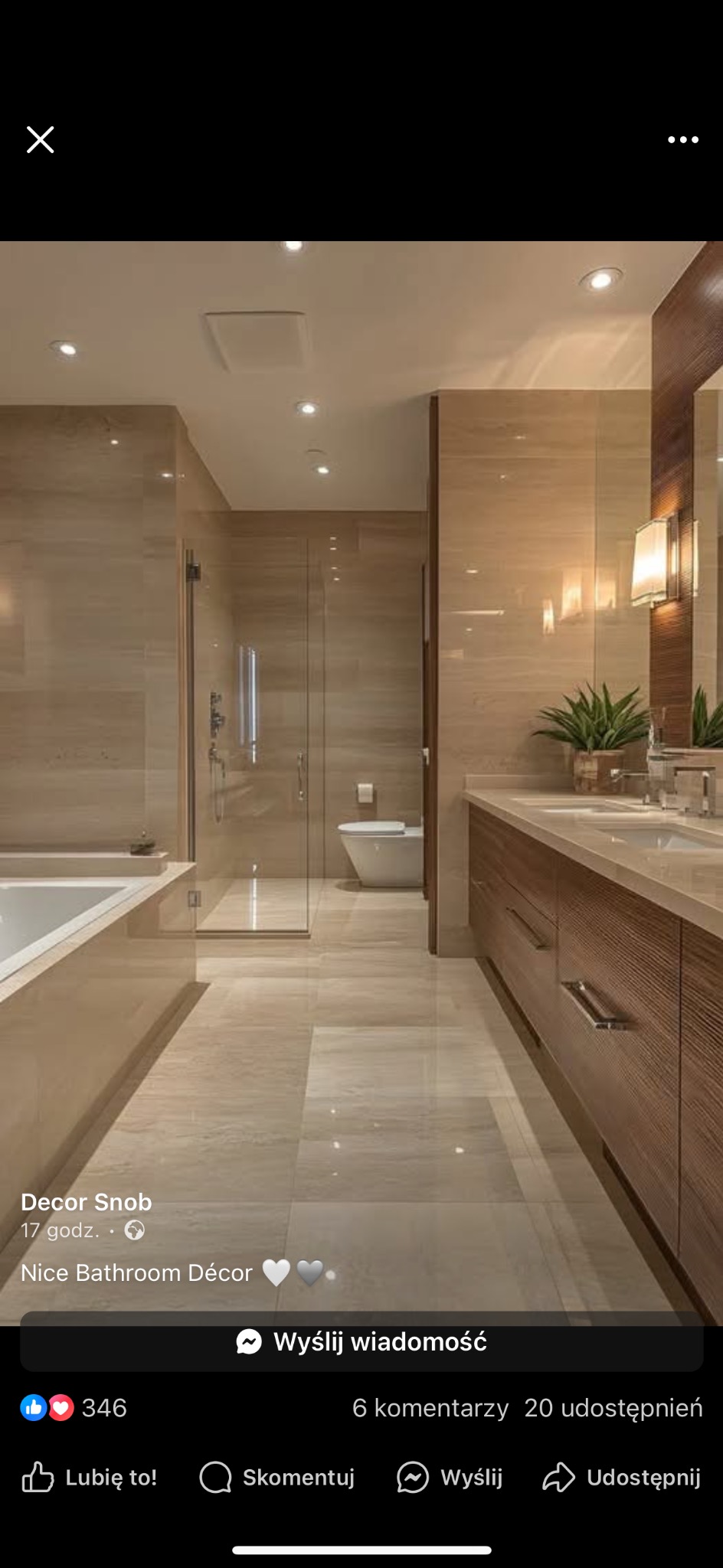 Elegancka łazienka w beżach: kabina prysznicowa, wanna, toaleta i szafka z umywalkami podświetlone punktowymi lampami. Lustra powiększają przestrzeń.