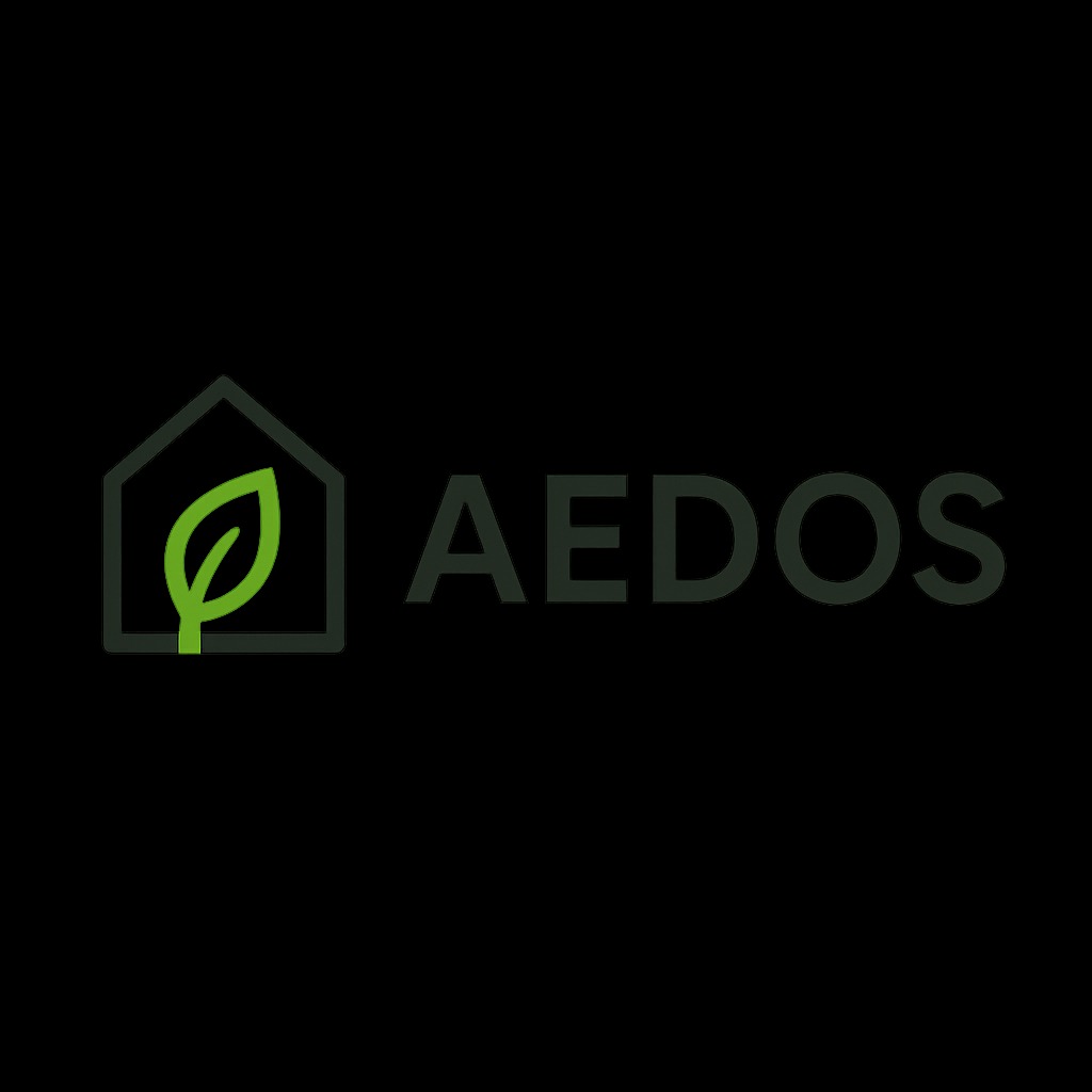 Logo firmy AEDOS: zielony liść w obrysie domu, obok nazwa firmy, ciemne tło. Minimalistyczny design.