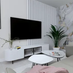 Nowoczesny salon z telewizorem, białą komodą RTV, marmurową tapetą i złotym obrazem liścia palmy. Minimalistyczny design wnętrza z roślinami doniczkowymi.