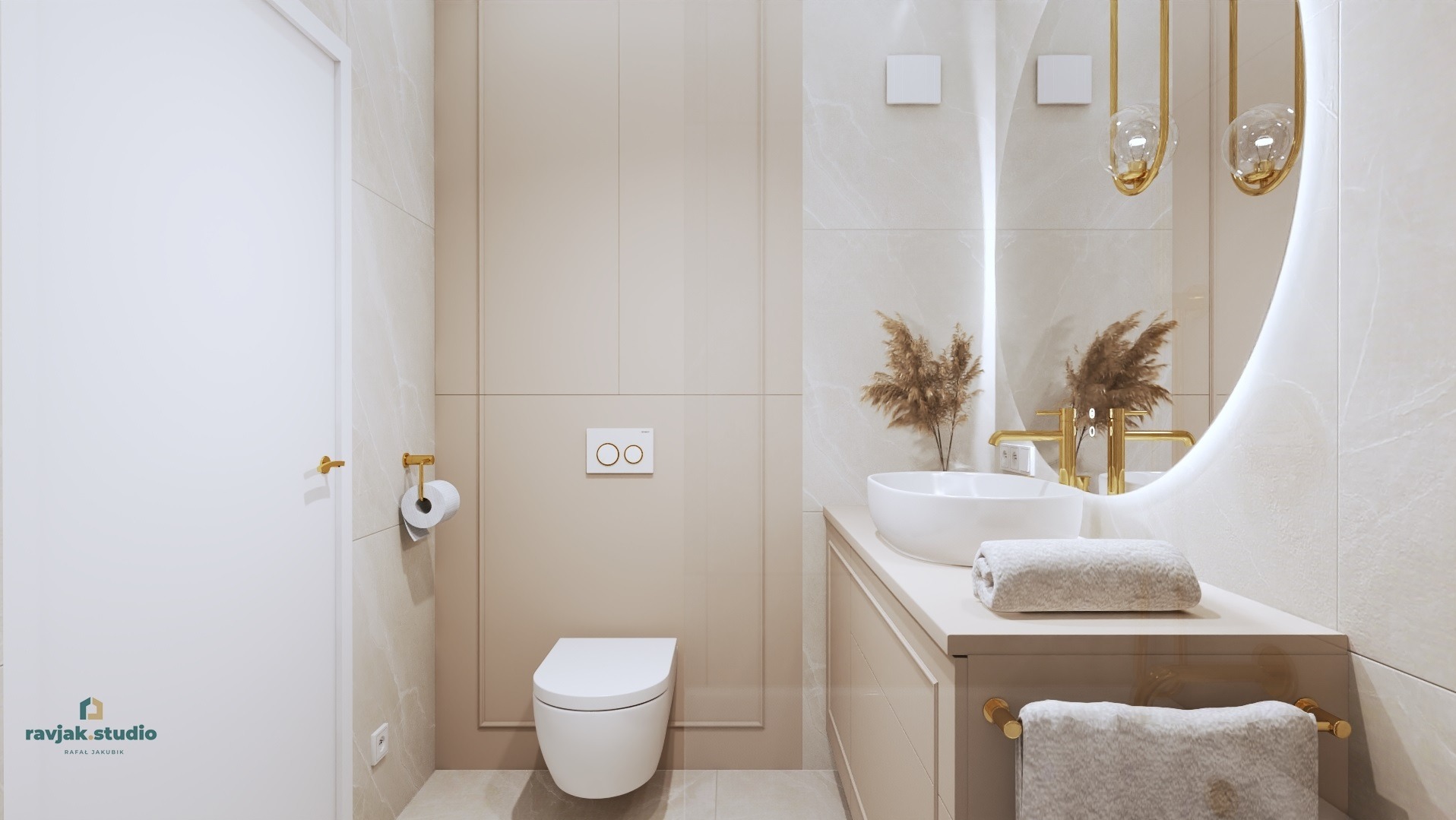 Elegancka łazienka w beżach: wisząca toaleta, umywalka na blacie, okrągłe lustro z oświetleniem. Minimalistyczny design z akcentami złota i marmuru.