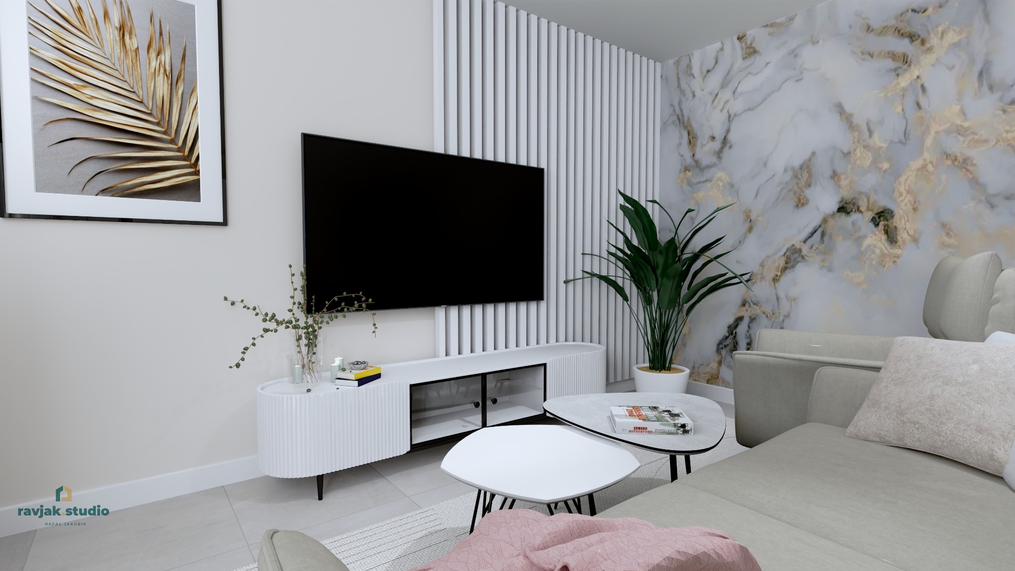 Nowoczesny salon z telewizorem, białą komodą RTV, marmurową tapetą i złotym obrazem liścia palmy. Minimalistyczny design wnętrza z roślinami doniczkowymi.