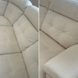 Kremowa kanapa: po lewej stronie widoczne plamy, po prawej - czysta, po praniu tapicerki. Efekt 'przed i po' prania na jasnym obiciu.