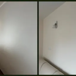 Zdjęcie 'przed i po' malowania ścian. Po lewej ściana z taśmą malarską i lampą, po prawej pomalowana ściana z nowym kinkietem i gniazdkiem.