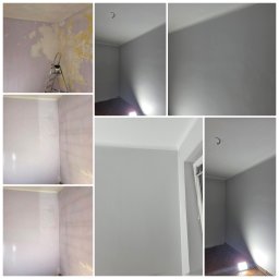 KZ-Project Kamil Ziobroń - Kolaż zdjęć prezentujący remont pokoju: ściana przed usunięciem starej farby z drabiną i po malowaniu na szaro z widocznym oświetleniem roboczym.