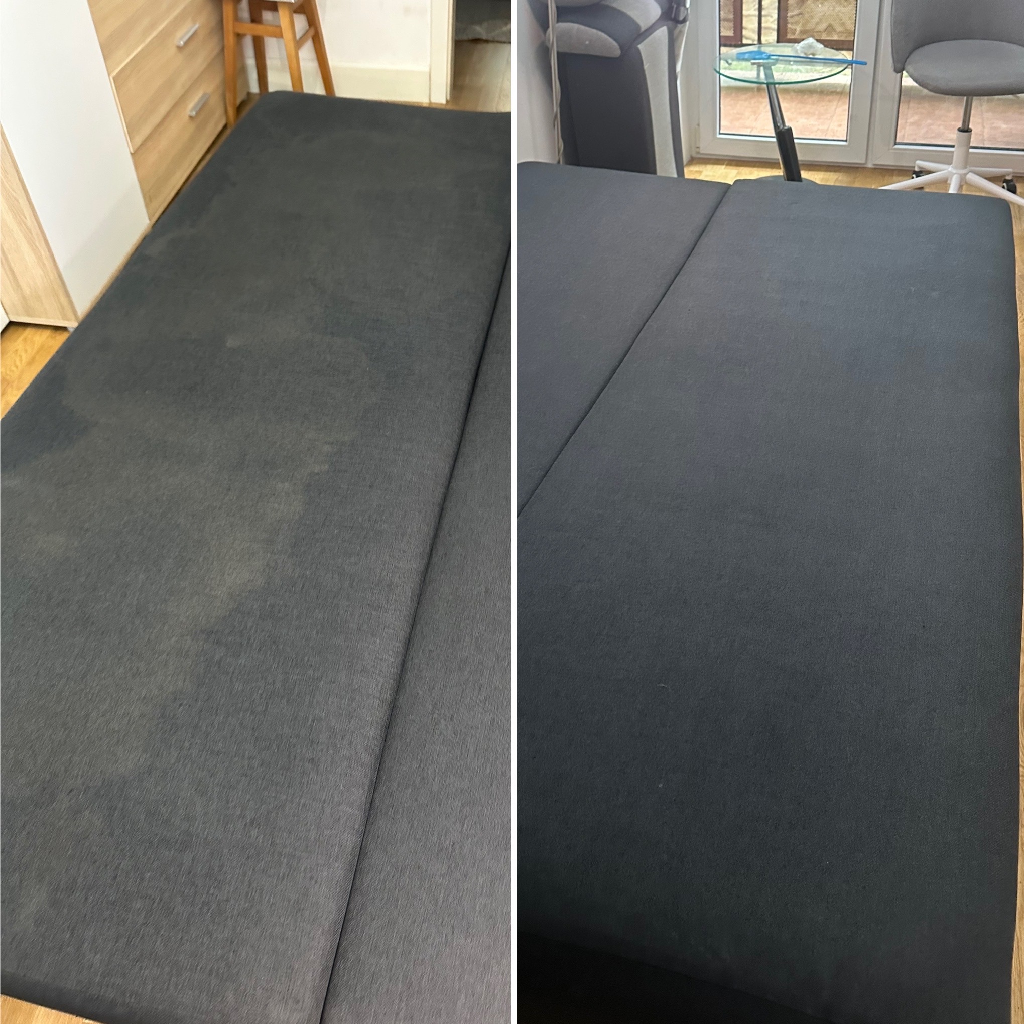 Zdjęcie 'przed i po' prania tapicerki sofy. Po lewej stronie widoczne zabrudzenia, po prawej czysta, szara powierzchnia. Widoczne meble i elementy wyposażenia wnętrza.