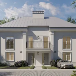 Elewacja dwukondygnacyjnego domu bliźniaczego z balkonem i szarym dachem, z numerami 1A i 1B, otoczona zielenią i brukowanym podjazdem, z zaparkowanym samochodem.