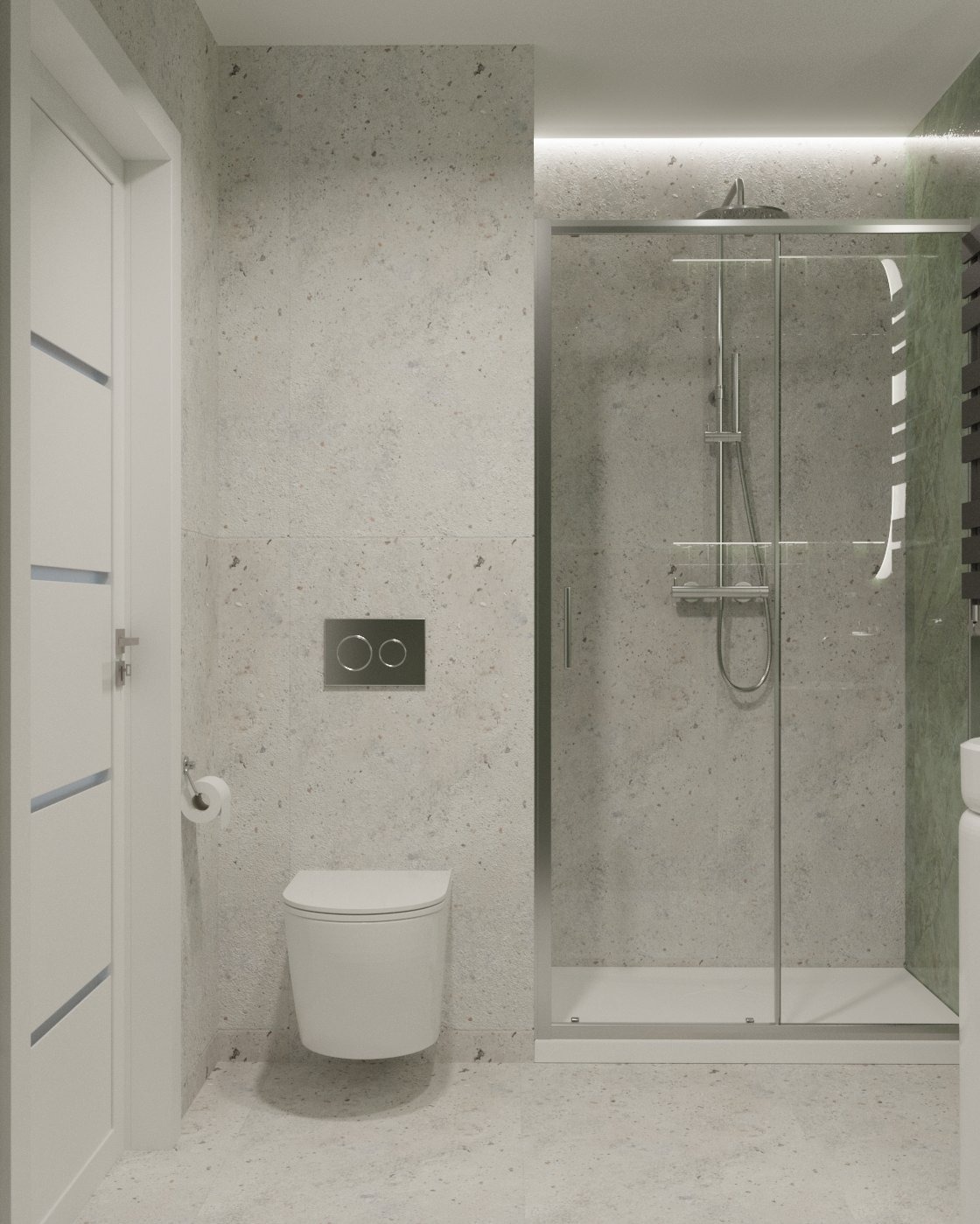 Minimalistyczna łazienka: kabina prysznicowa ze srebrną armaturą, podwieszana toaleta i białe drzwi z subtelnymi, ukośnymi zdobieniami na tle ścian w jasnym, neutralnym odcieniu.