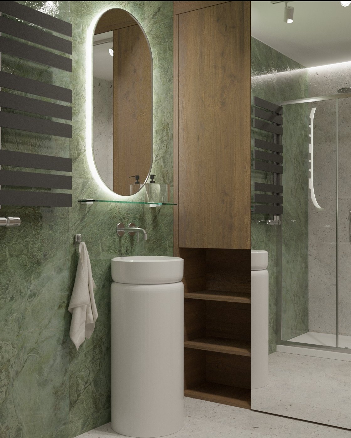 Nowoczesna łazienka z zielonym marmurem: owalne lustro z podświetleniem, biała umywalka cylindryczna, drewniana szafka i szklany prysznic. Minimalistyczny design.