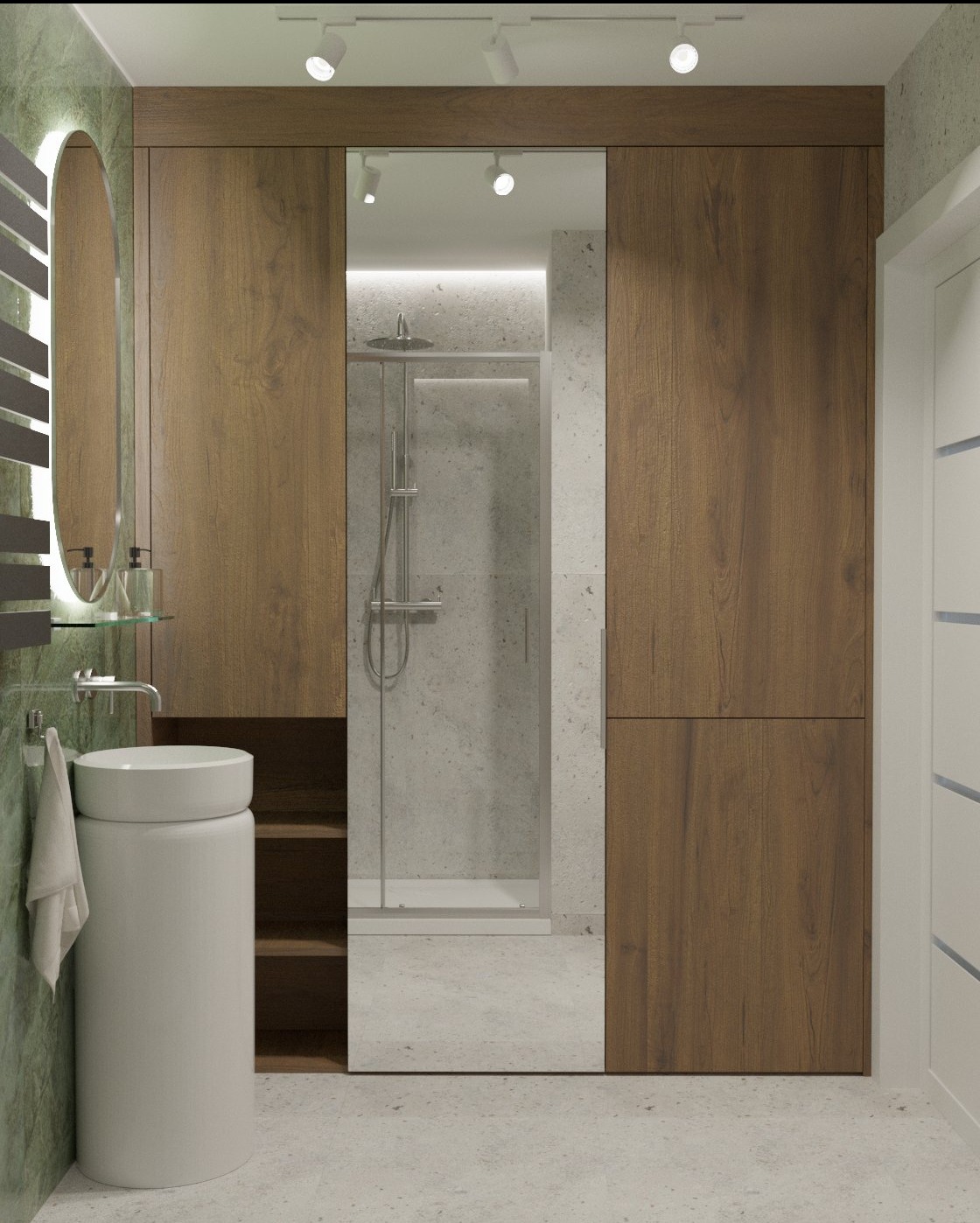 Nowoczesna łazienka z umywalką wolnostojącą, drewnianymi szafkami i kabiną prysznicową widoczną w lustrze. Minimalistyczny design, oświetlenie punktowe.