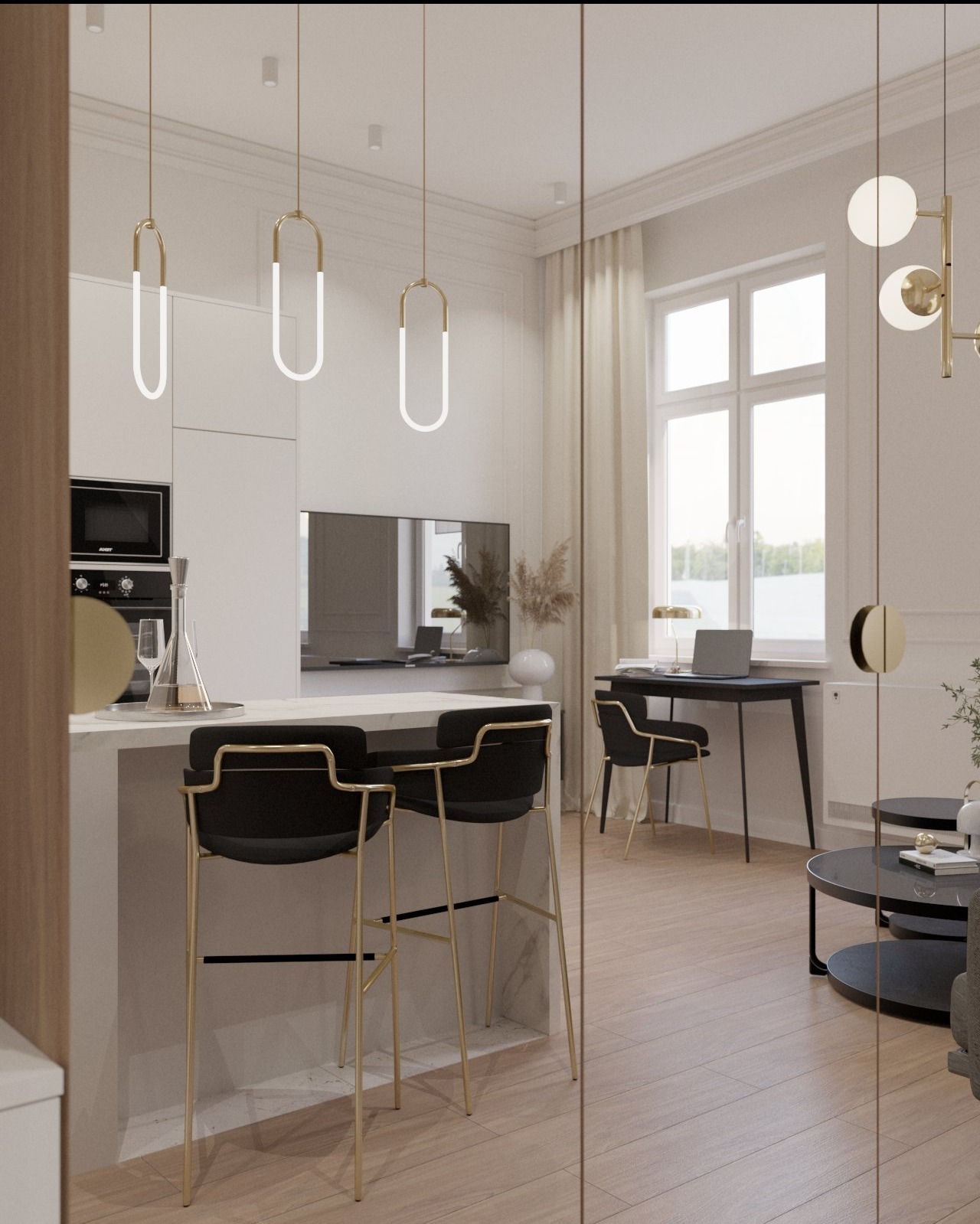 Nowoczesna aranżacja wnętrza z wyspą kuchenną i hokerami. Minimalistyczne oświetlenie, telewizor na ścianie i biurko przy oknie. Jasne drewno na podłodze.