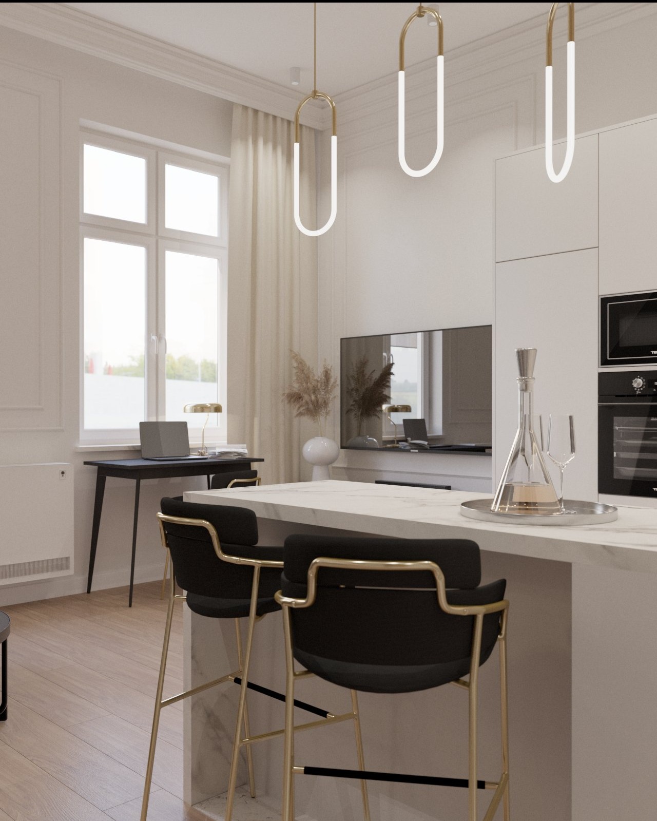 Nowoczesna aranżacja wnętrza z wyspą kuchenną i krzesłami barowymi w Andrychowie. Minimalistyczny design, jasne kolory, eleganckie oświetlenie i biurko w tle.