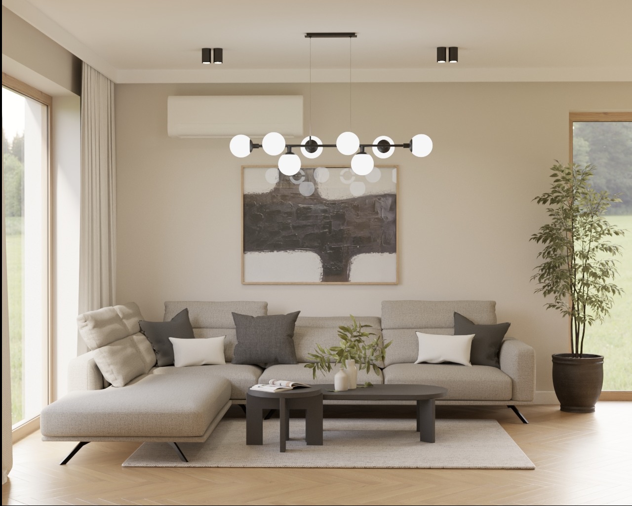 Jasne wnętrze salonu z szarą sofą narożną, stolikami kawowymi i abstrakcyjnym obrazem na ścianie. Minimalistyczna lampa sufitowa i roślina doniczkowa dodają przytulności.