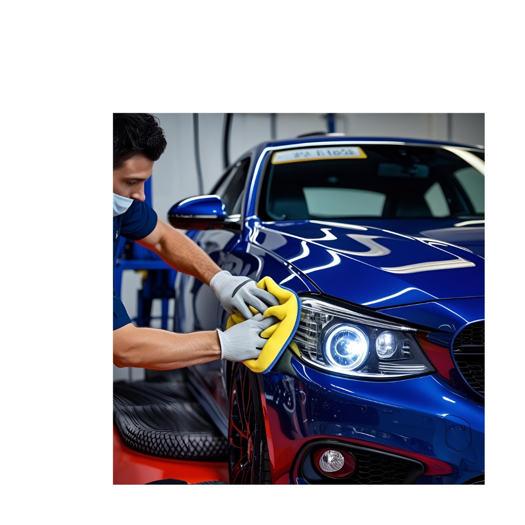 Pracownik w masce i rękawicach czyści reflektor niebieskiego samochodu żółtą ściereczką z mikrofibry. Widoczne detale karoserii i oświetlenie warsztatowe.