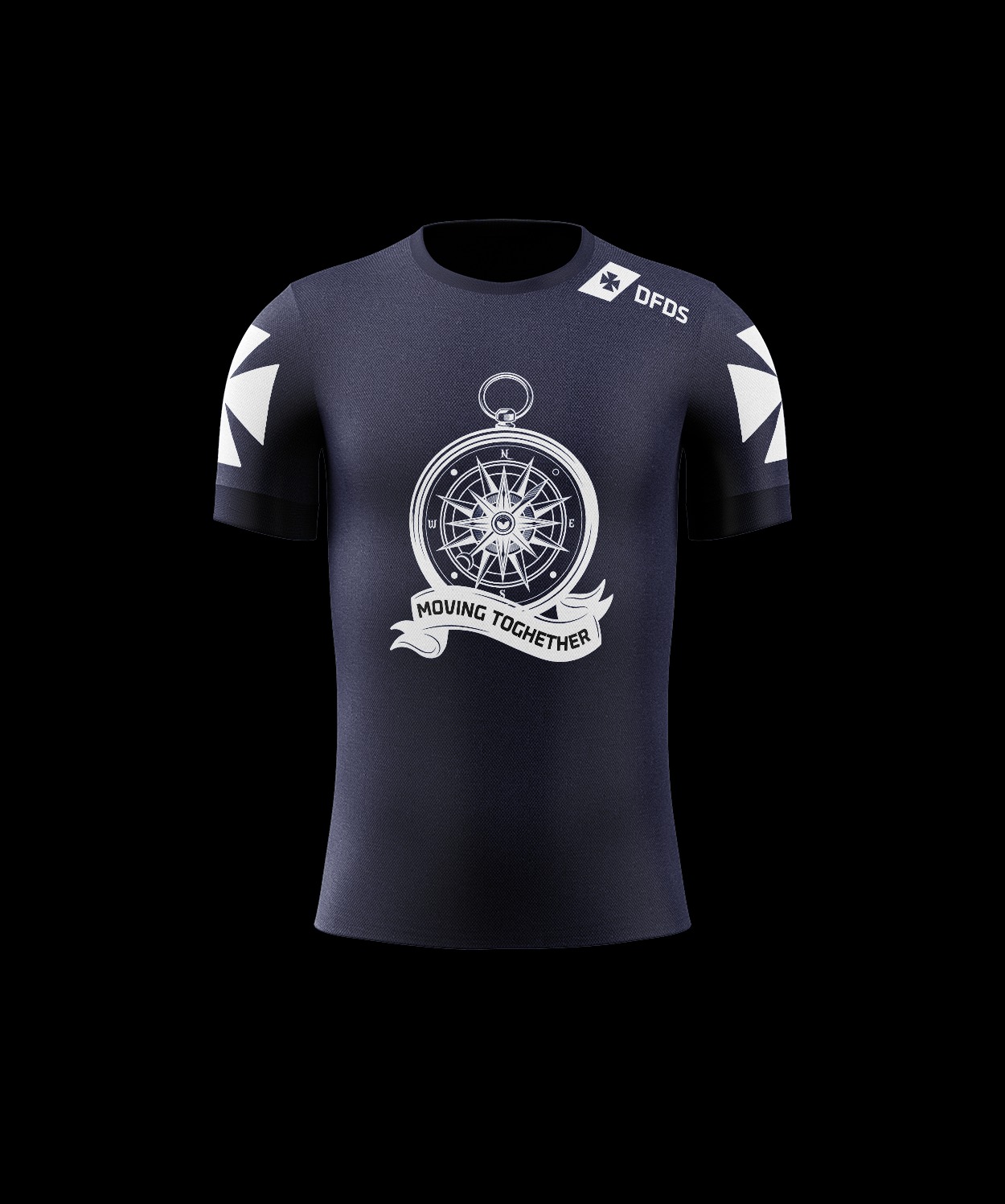 Granatowa koszulka z nadrukiem kompasu i hasłem 'Moving Together', logo 'DFDS' na ramieniu, na czarnym tle.