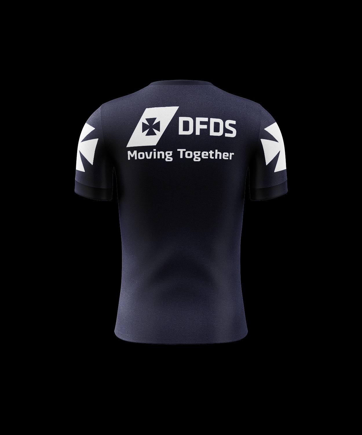 Czarna koszulka z krótkim rękawem, widok z tyłu, z białym nadrukiem logo 'DFDS Moving Together' i białymi elementami graficznymi na rękawach. Prezentacja produktu.