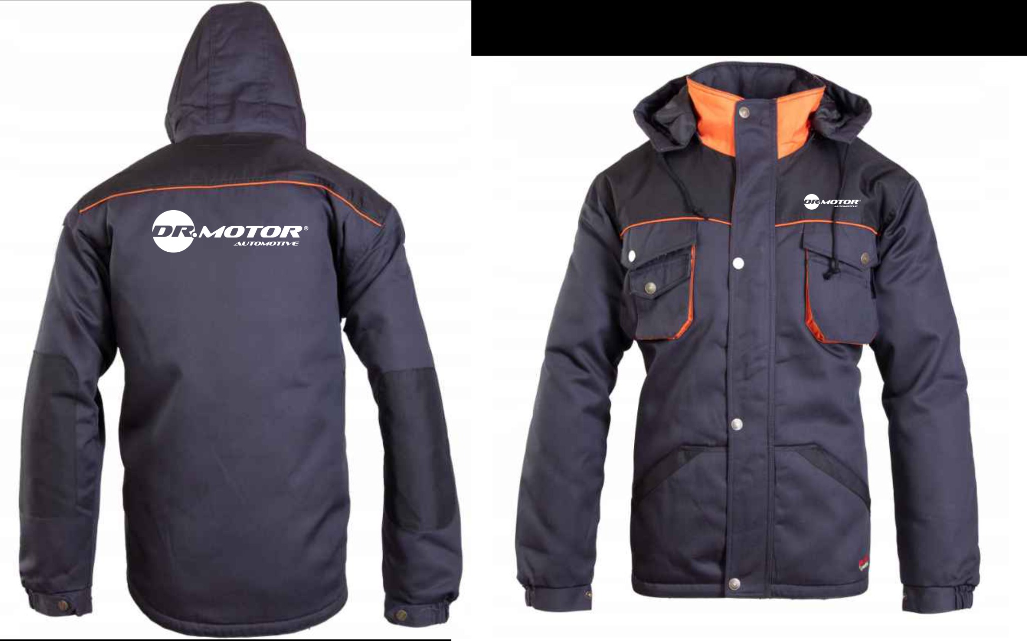 Granatowa kurtka robocza z kapturem i pomarańczowymi akcentami, widok z przodu i z tyłu, z logo firmy 'DR.MOTOR'.