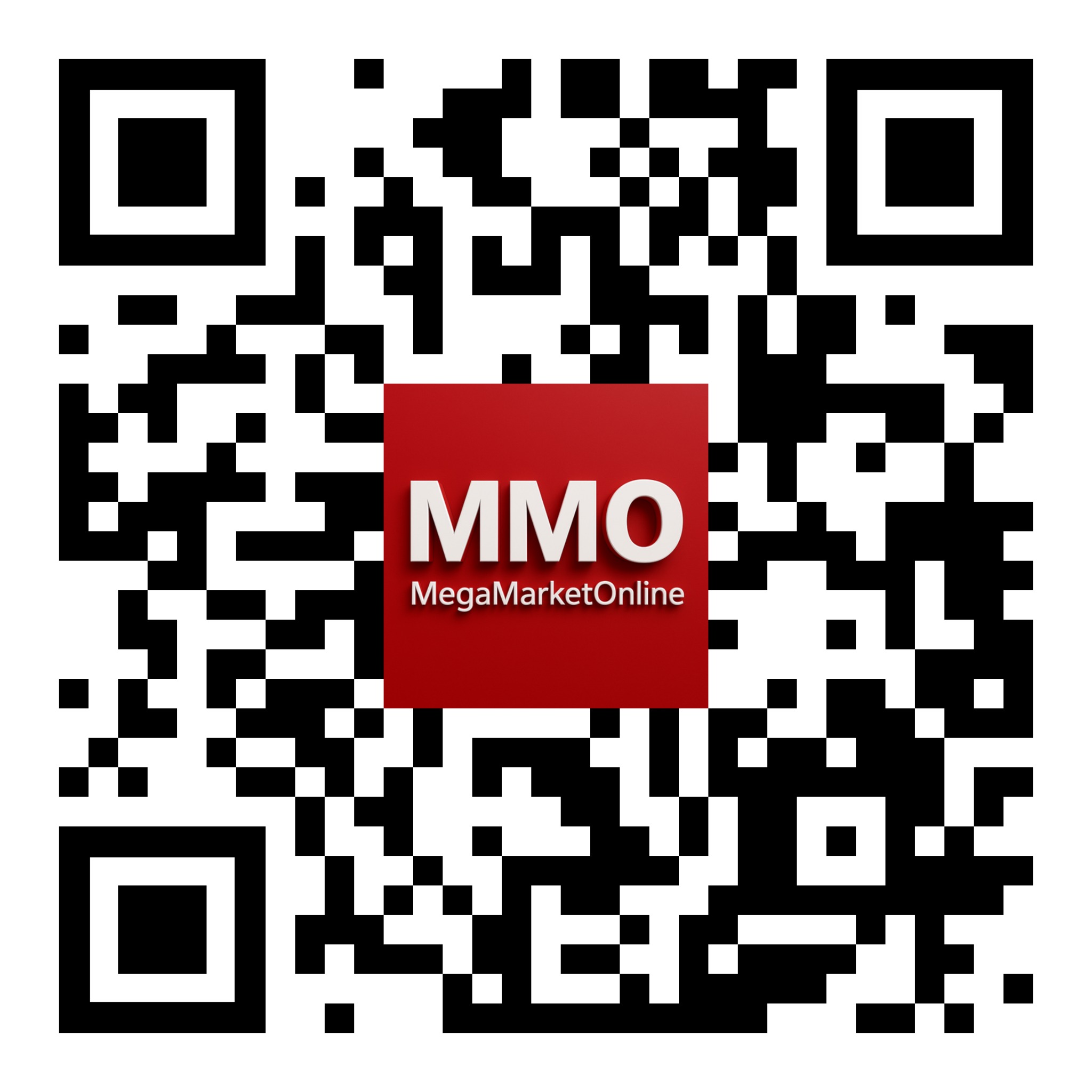 Kod QR z logo 'MMO MegaMarketOnline' na czerwonym kwadracie. Czarno-biały wzór, wyraźne piksele, nowoczesny design. Skanuj, aby dowiedzieć się więcej.