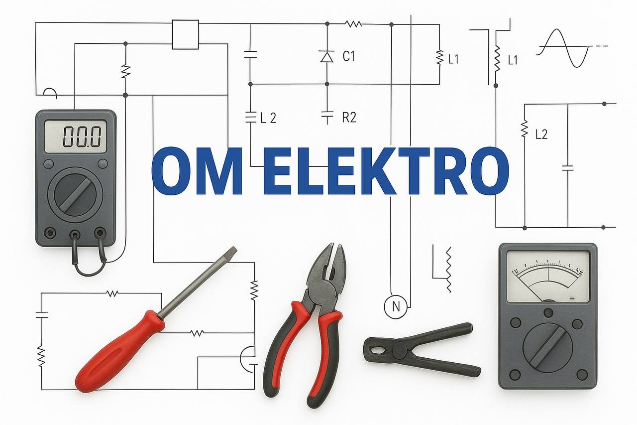 Schemat elektryczny z narzędziami: multimetr cyfrowy i analogowy, śrubokręt z czerwoną rączką, kombinerki z czerwonymi rączkami i zaciskarka. Napis 'OM ELEKTRO'.