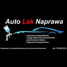 Logo firmy Auto Lak Naprawa z Rydułtów, oferującej naprawy powypadkowe, usługi lakierniczo-blacharskie, polerowanie lakieru i diagnostykę komputerową. Widoczny pistolet lakierniczy.