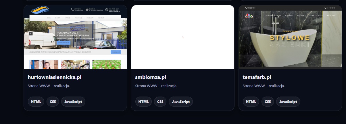 Prezentacja strony hurtowniasiennicka.pl z dużym asortymentem artykułów, widok z zewnątrz budynku. Strona z HTML, CSS i JavaScript.