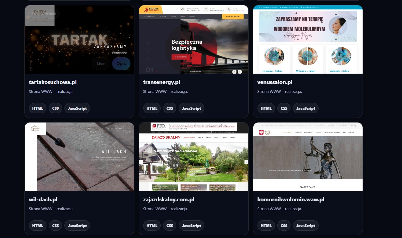 Zestawienie miniatur stron WWW: tartakosuchowa.pl z efektem świetlnym, transenergy.pl z ciężarówką, venussalon.pl z motywem spa, wil-dach.pl z czyszczeniem dachu, zajazdskalny.com.pl...