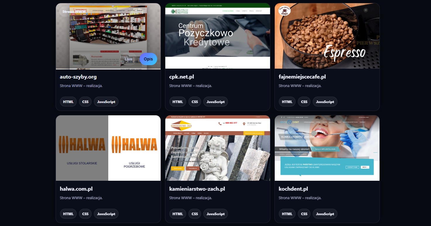 Zestawienie sześciu zrzutów ekranu stron WWW, każda z unikalnym designem i tematyką, od sklepu z częściami samochodowymi po klinikę stomatologiczną, z użyciem HTML, CSS i JavaScript.