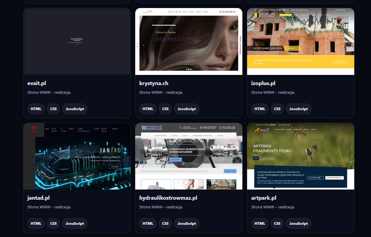 Zestawienie zrzutów ekranu różnych stron WWW, każda z nazwą domeny i informacją o użytych technologiach (HTML, CSS, JavaScript). Prezentacja portfolio web developera.