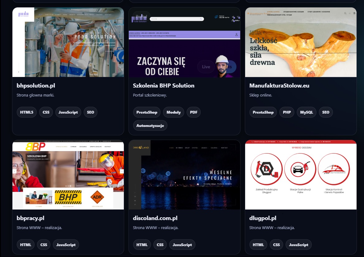 Prezentacja stron WWW: bhpsolution.pl z pracownikiem BHP, bbpracy.pl z szkoleniami BHP, discoland.com.pl z efektami specjalnymi, dlugpol.pl z wyborem oddziału.