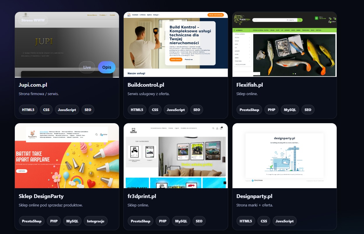 Zestawienie sześciu różnych stron internetowych, prezentujących odmienne style i funkcjonalności, od strony firmowej po sklep online, z wykorzystaniem różnych technologii.