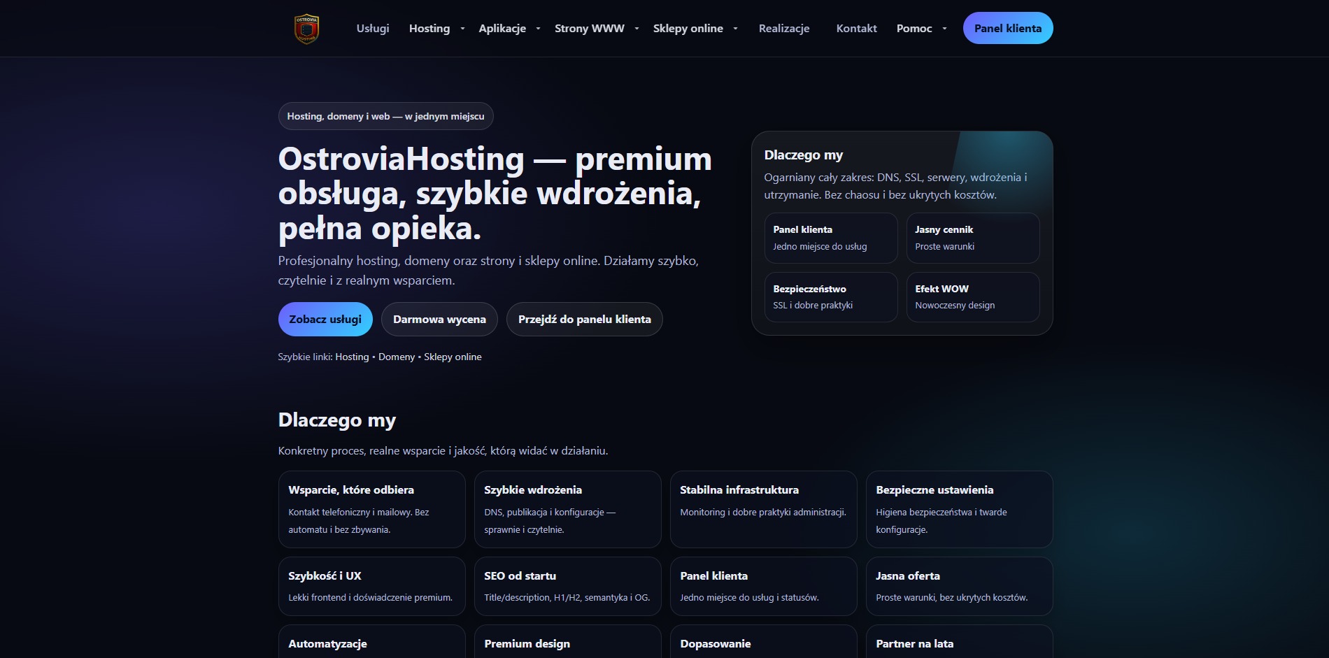Strona internetowa OstroviaHosting z ofertą premium: szybkie wdrożenia, pełna obsługa, hosting, domeny, sklepy online, wsparcie, bezpieczeństwo, jasny cennik i nowoczesny design.